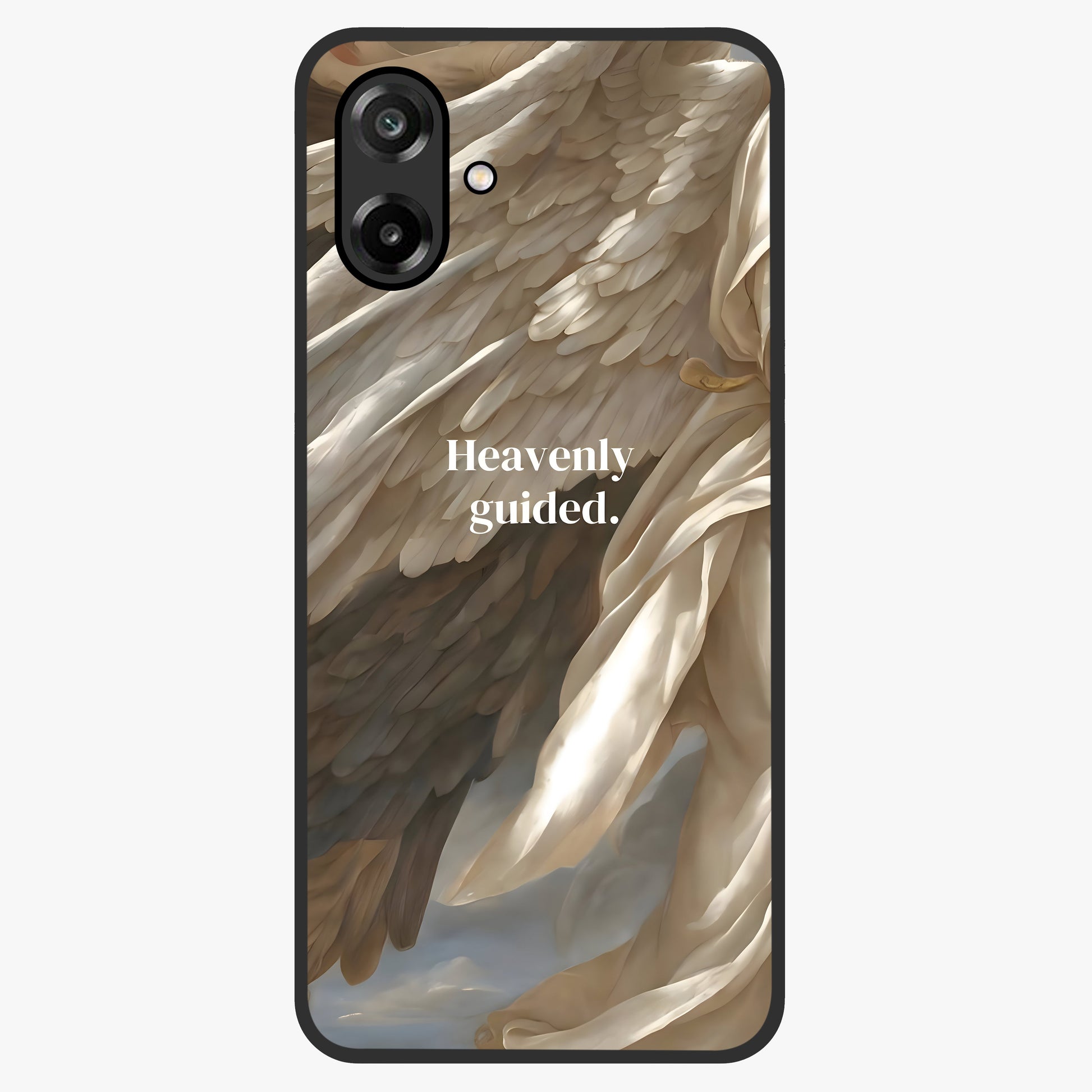 Divine Winged Grace Glass Case showing flat back view with elegant wing inspired artwork and glossy glass finish.