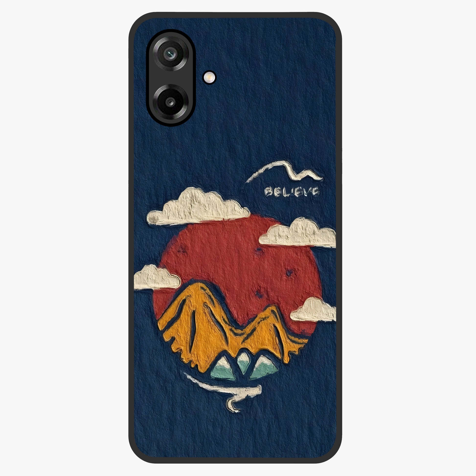 Dream Beyond Mountains Glass Case showing flat back view with scenic mountain landscape artwork and glossy glass finish.