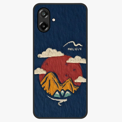 Dream Beyond Mountains Glass Case showing flat back view with scenic mountain landscape artwork and glossy glass finish.