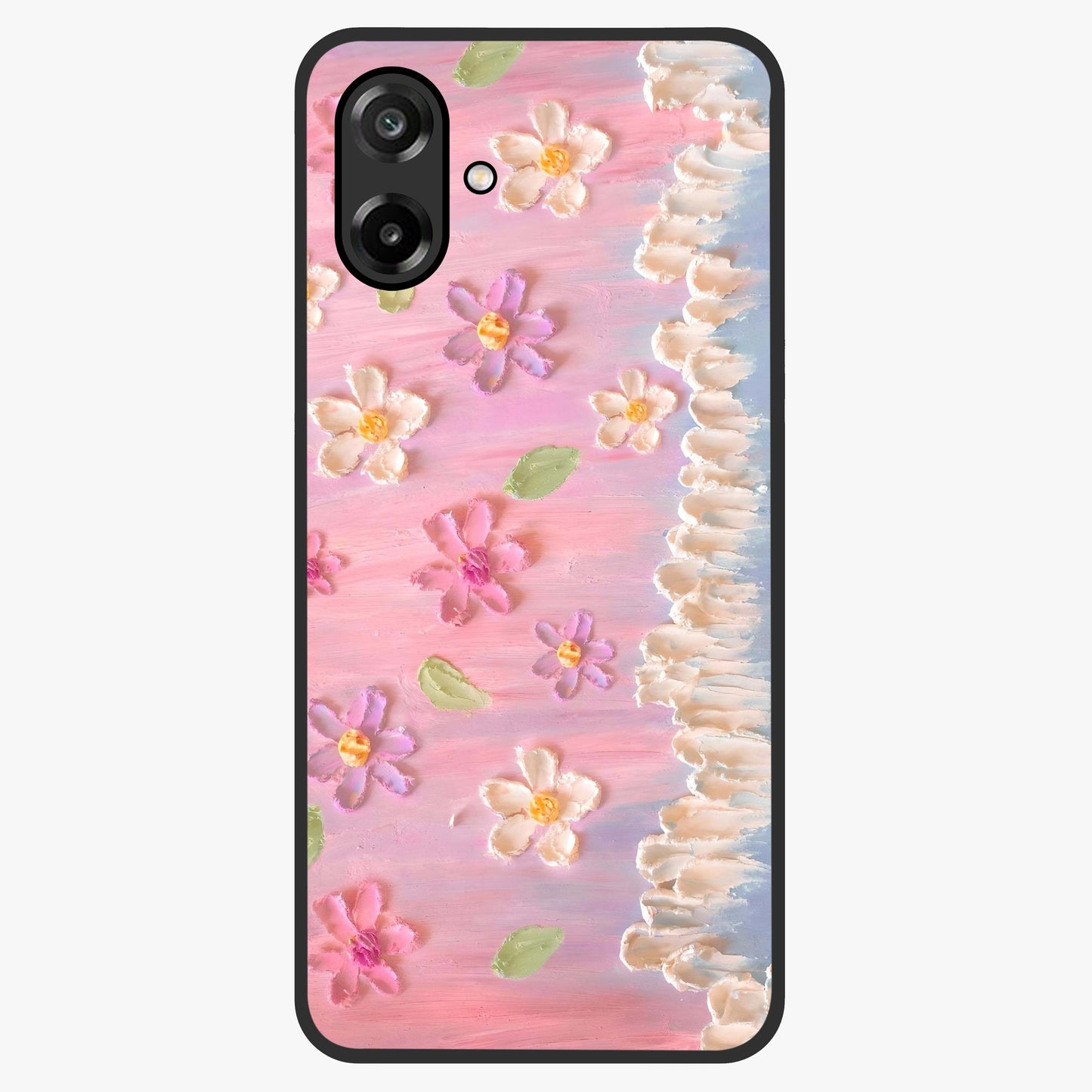Dreamy Painted Garden Glass Case showing flat back view with artistic painted floral garden artwork and glossy glass finish.