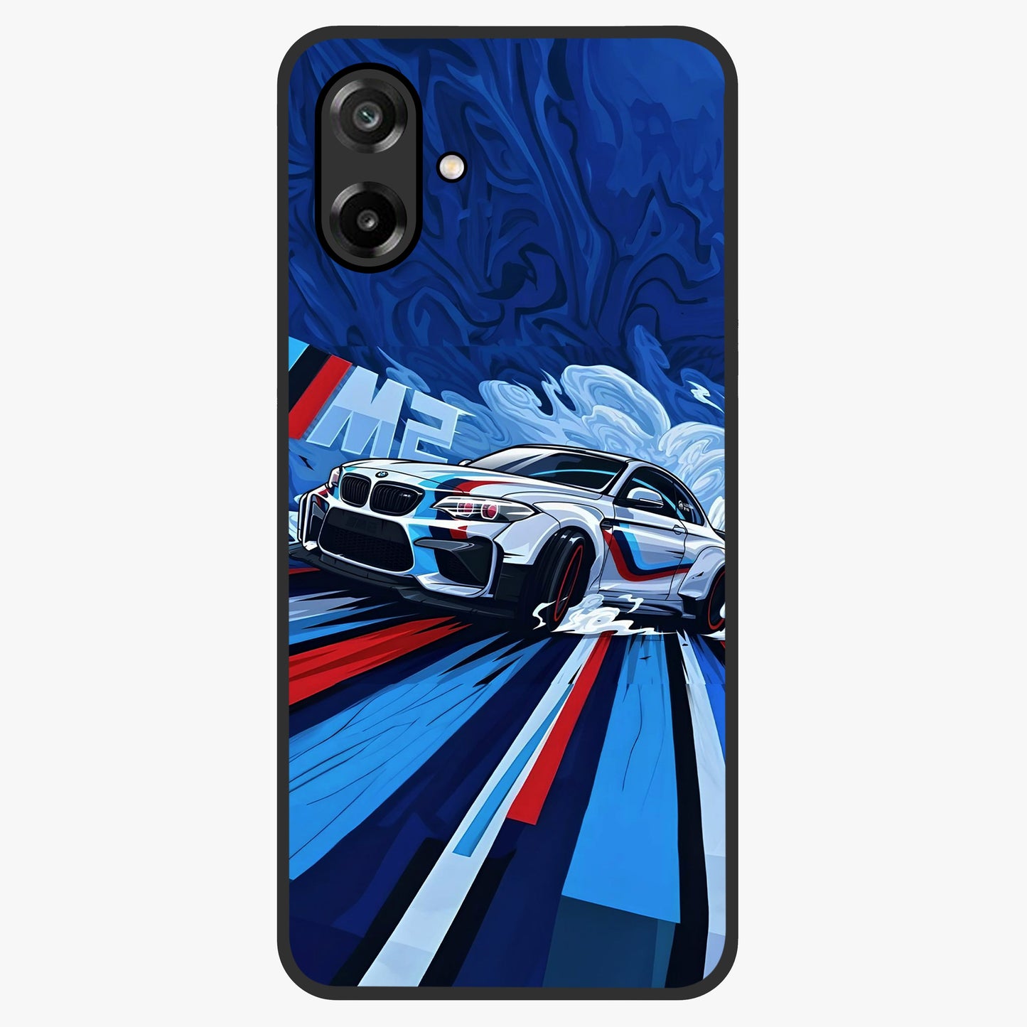 Drift Power Rush Glass Case showing flat back view with dynamic racing inspired artwork and glossy glass finish.