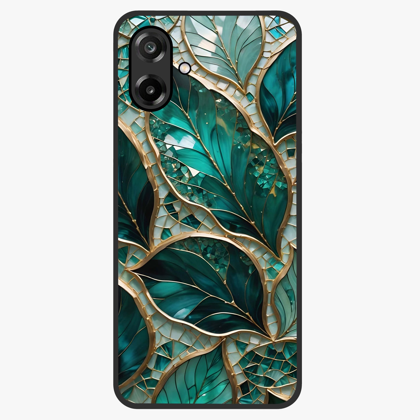 Emerald Leaf Glass Glass Case showing flat back view with emerald green leaf artwork and glossy glass finish.