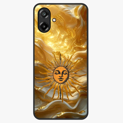Eternal Golden Glow Glass Case showing flat back view with radiant golden themed artwork and glossy glass finish.