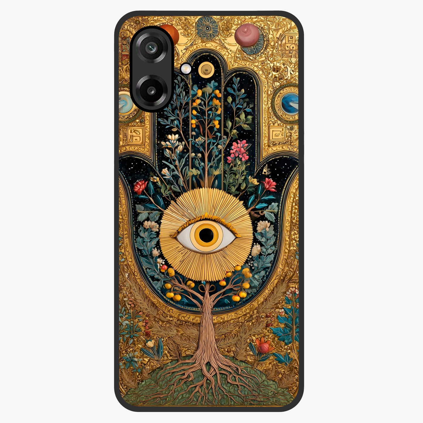 Ethereal Evil Eye Glass Case showing flat back view with mystical evil eye artwork and glossy glass finish.