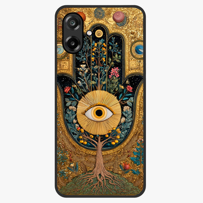 Ethereal Evil Eye Glass Case showing flat back view with mystical evil eye artwork and glossy glass finish.