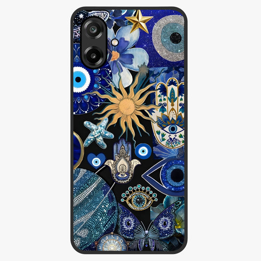 Evil Eye Charm Mix Glass Case showing flat back view with multiple evil eye charms artwork and glossy glass finish.