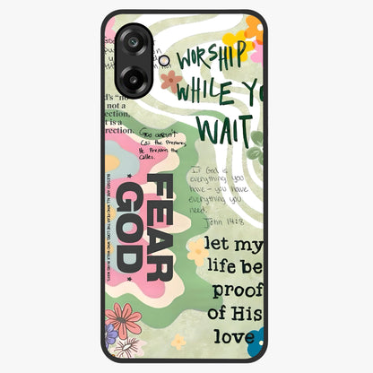 Faith Over Fear Glass Case showing flat back view with motivational typography artwork and glossy glass finish.