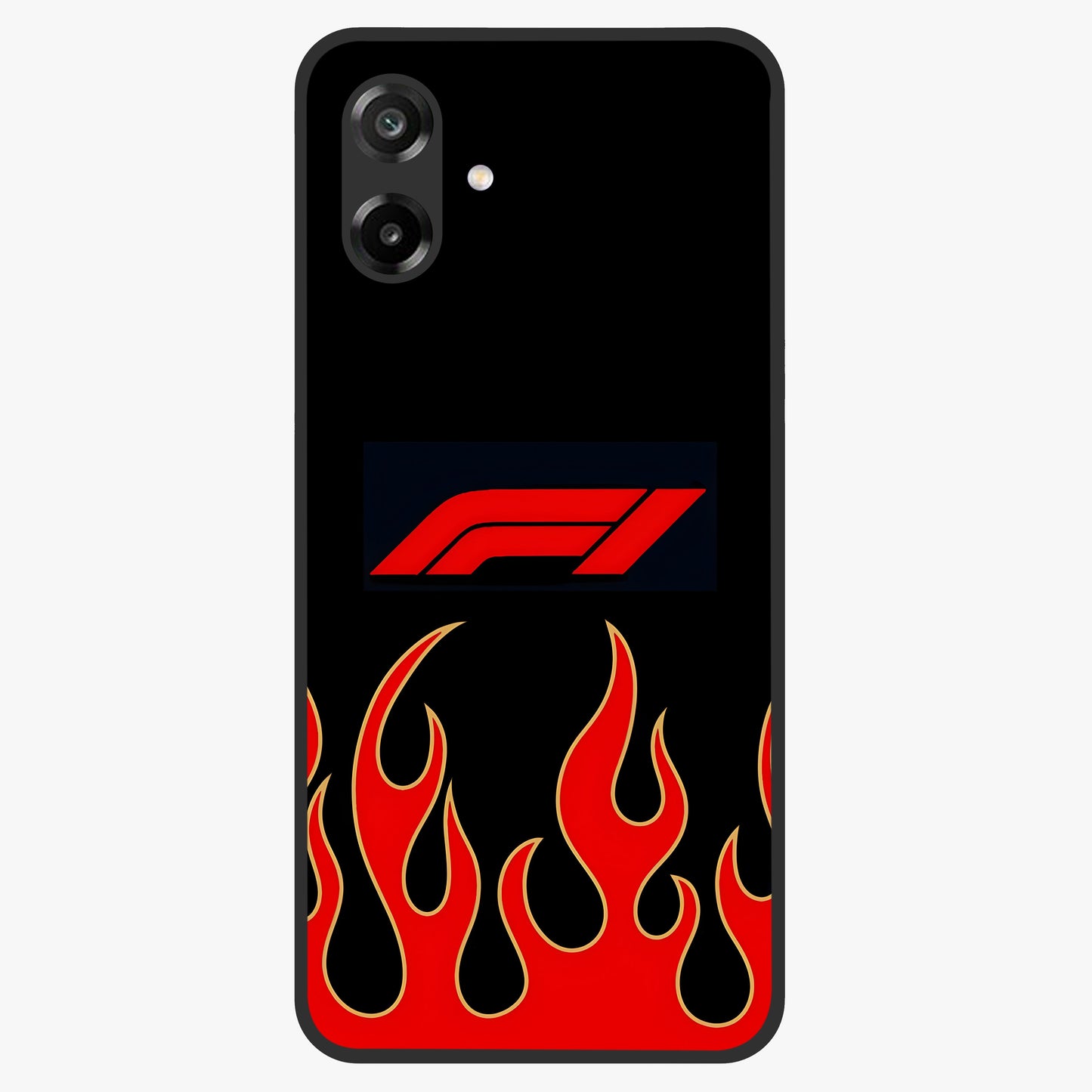 Fire F11 Glass Case showing flat back view with fiery themed artwork and glossy glass finish.