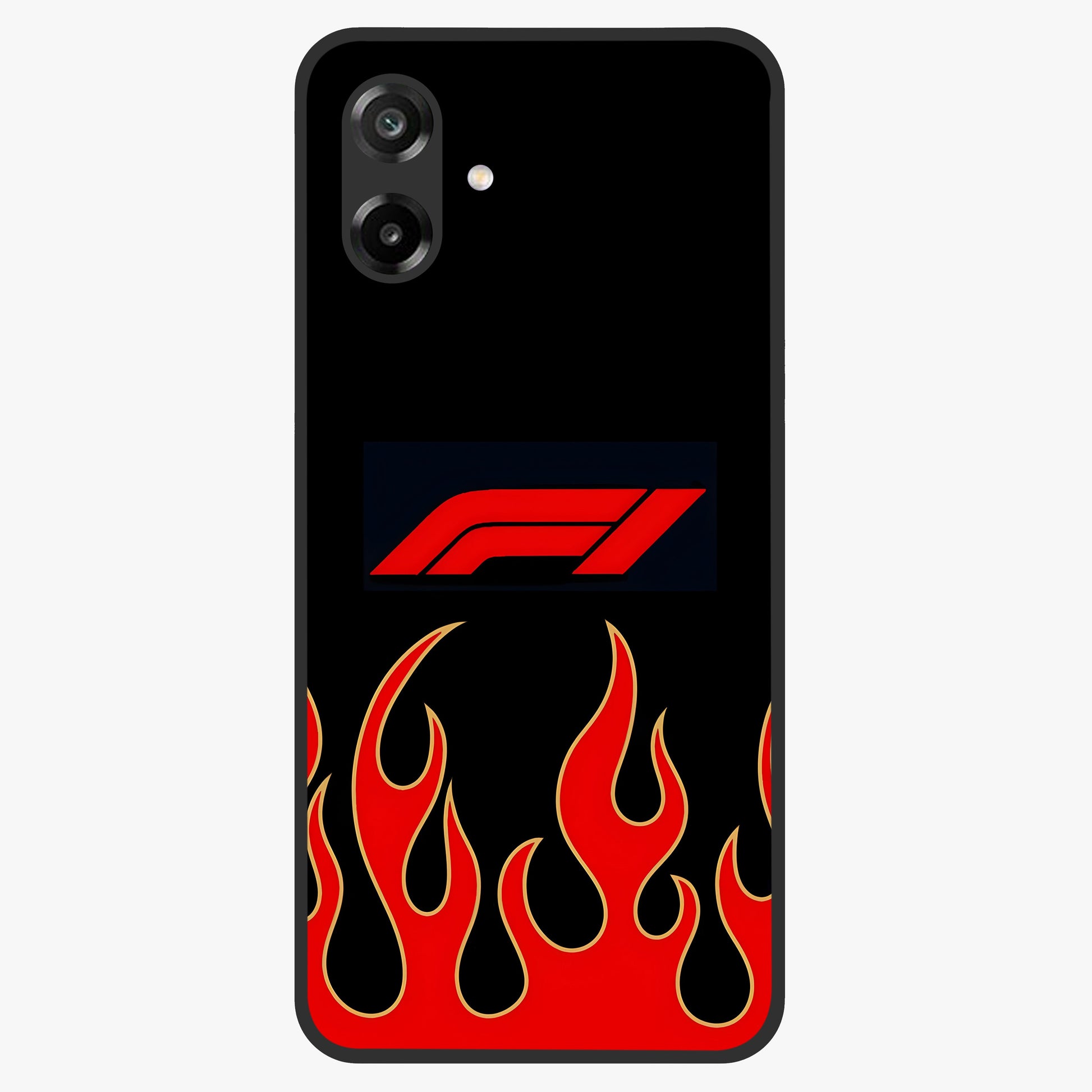 Fire F11 Glass Case showing flat back view with fiery themed artwork and glossy glass finish.