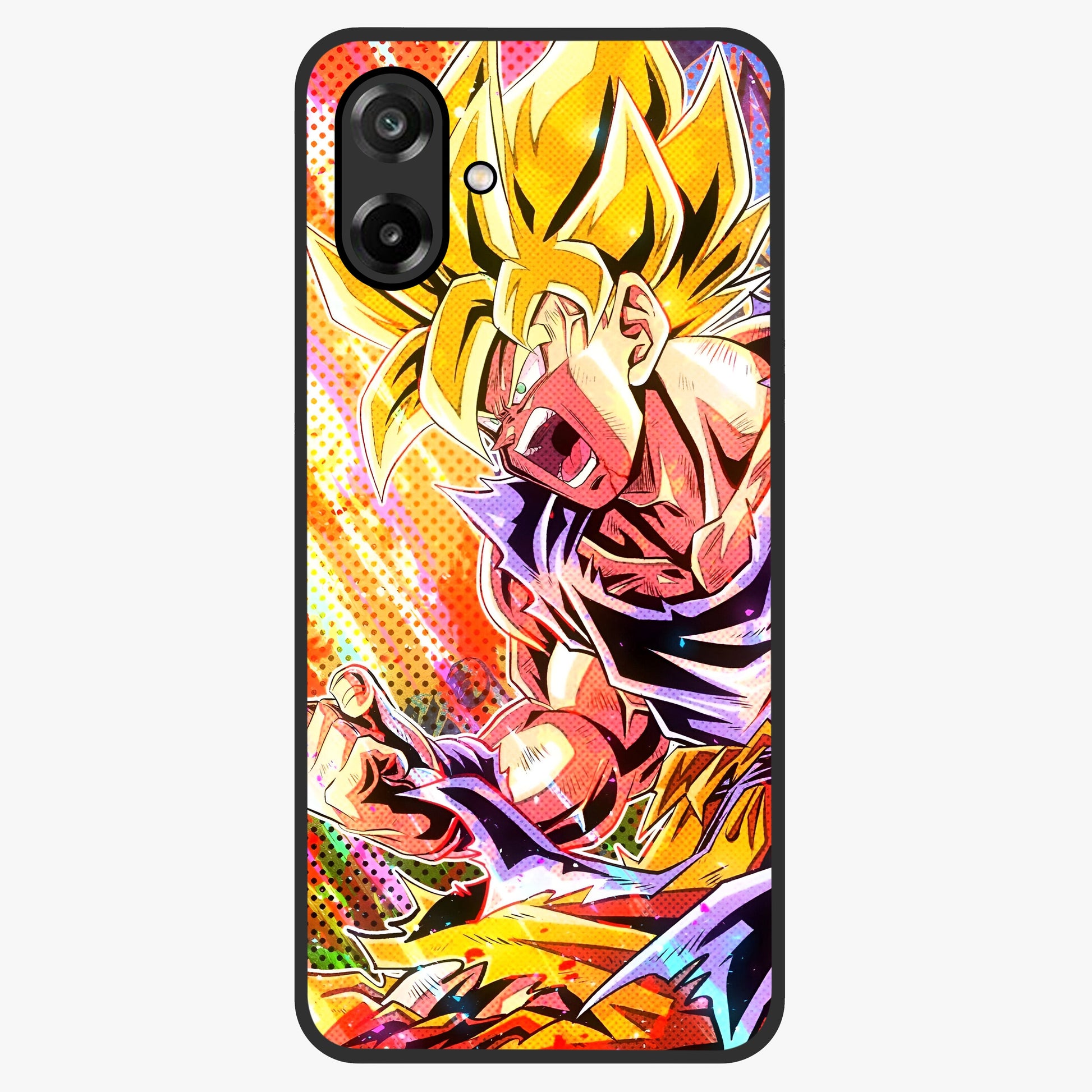 Firing Goku Glass Case showing flat back view with powerful anime inspired artwork and glossy glass finish.