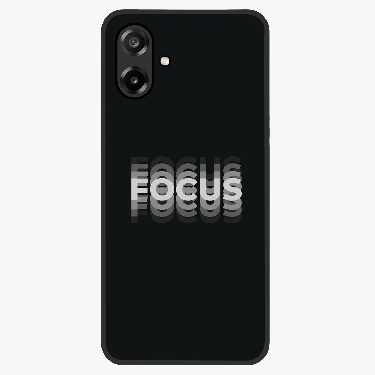 Focus Mode On Glass Case showing flat back view with bold motivational typography design and glossy glass finish.