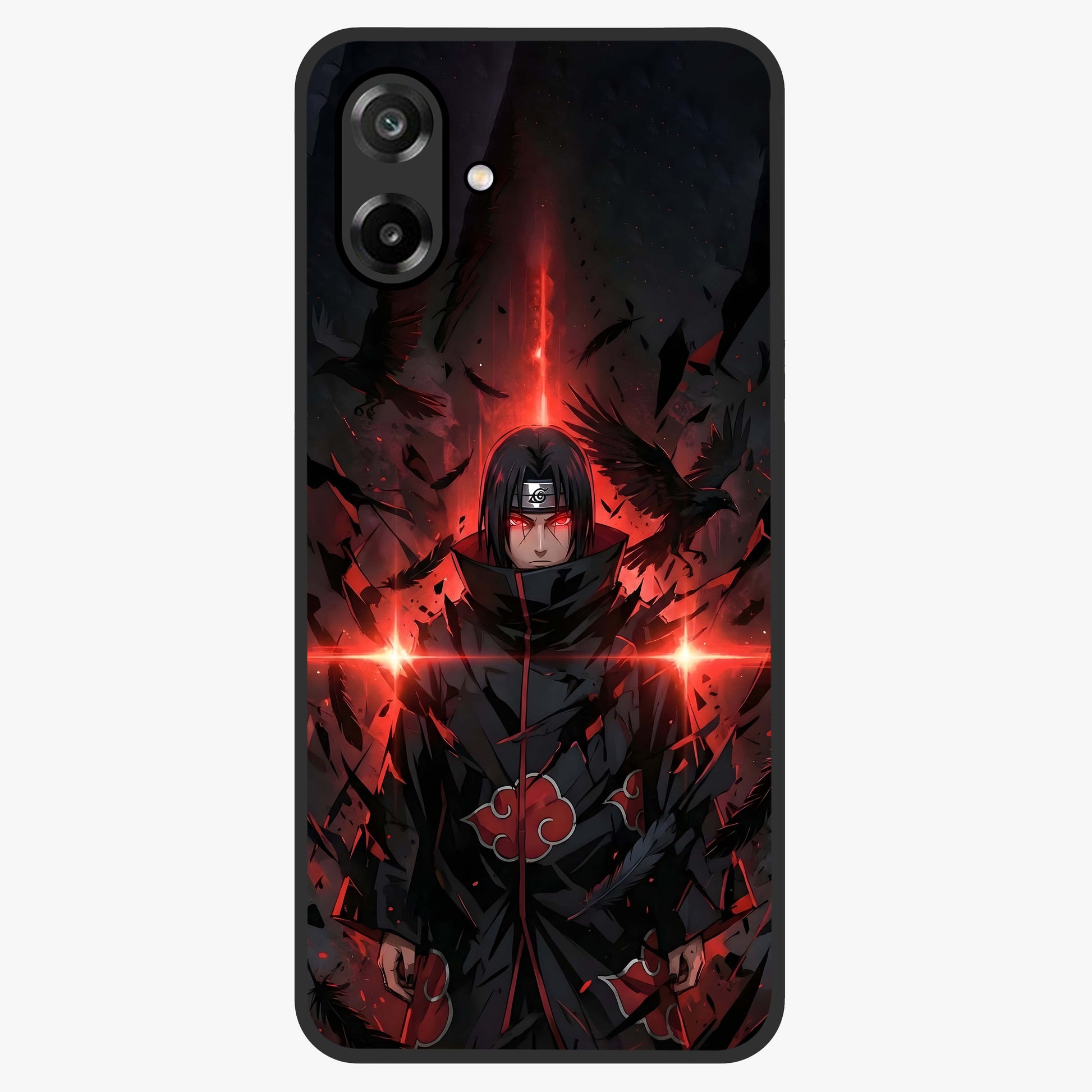 Focused Blade Discipline Glass Case showing flat back view with warrior sword themed artwork and glossy glass finish.