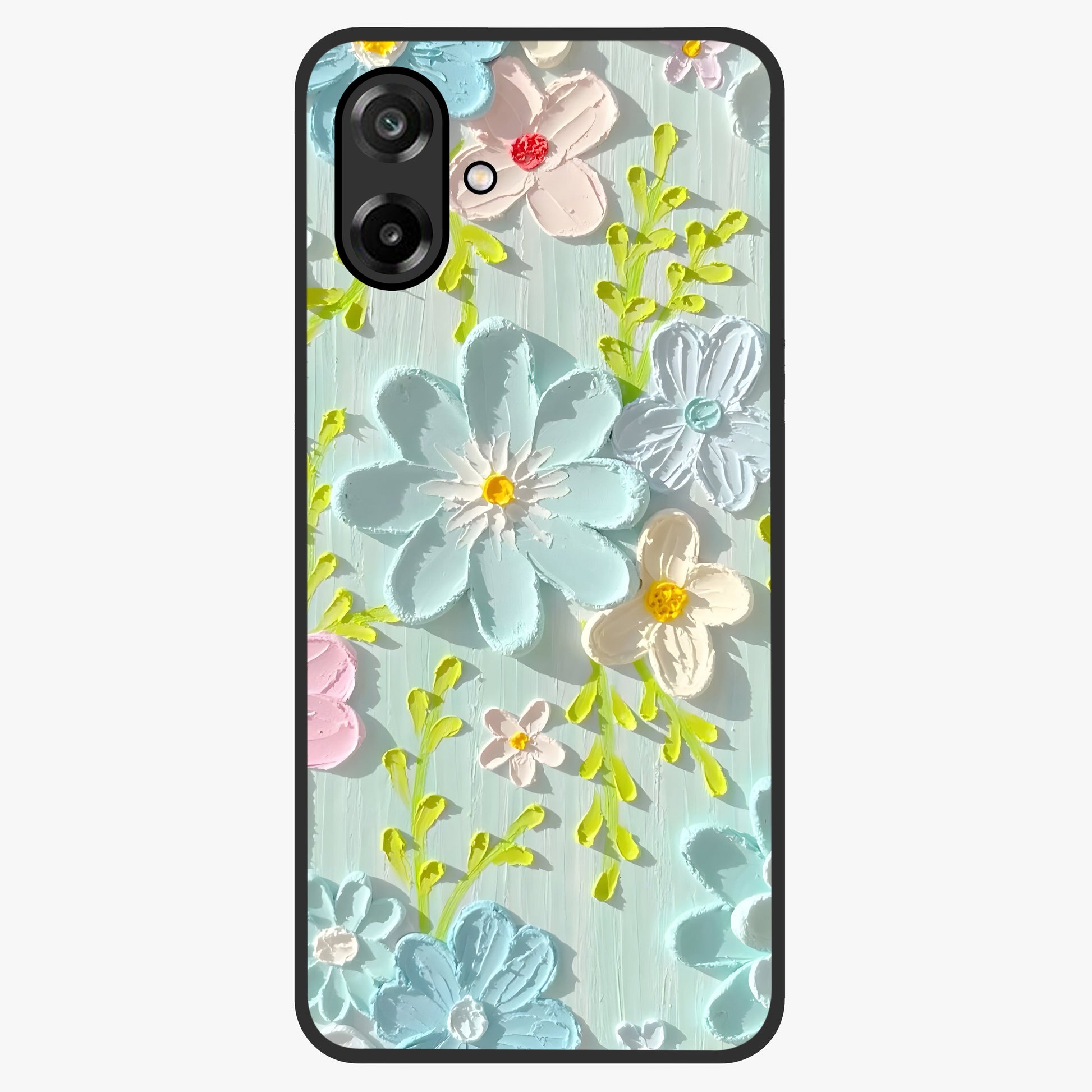 Frosted Petal Garden Glass Case showing flat back view with soft frosted floral artwork and glossy glass finish.