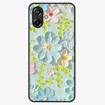 Frosted Petal Garden Glass Case showing flat back view with soft frosted floral artwork and glossy glass finish.