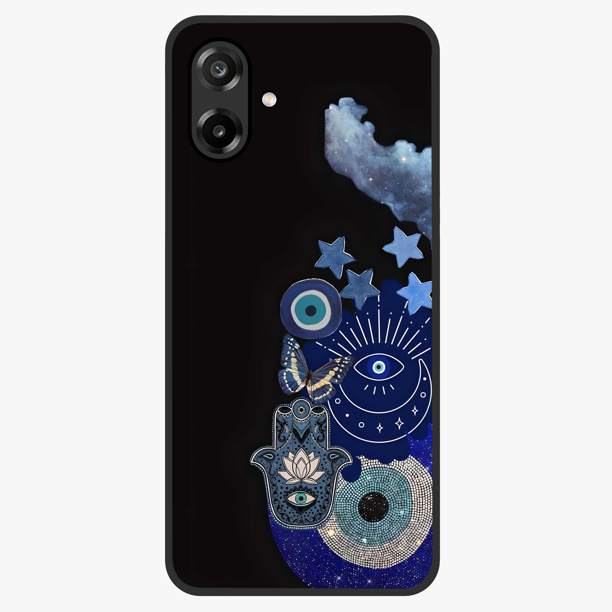 Galactic Charm Cluster Glass Case showing flat back view with glowing celestial charm artwork and glossy glass finish.