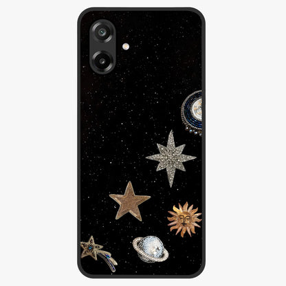 Galactic Charm Glow Glass Case showing flat back view with glowing celestial charm artwork and glossy glass finish.