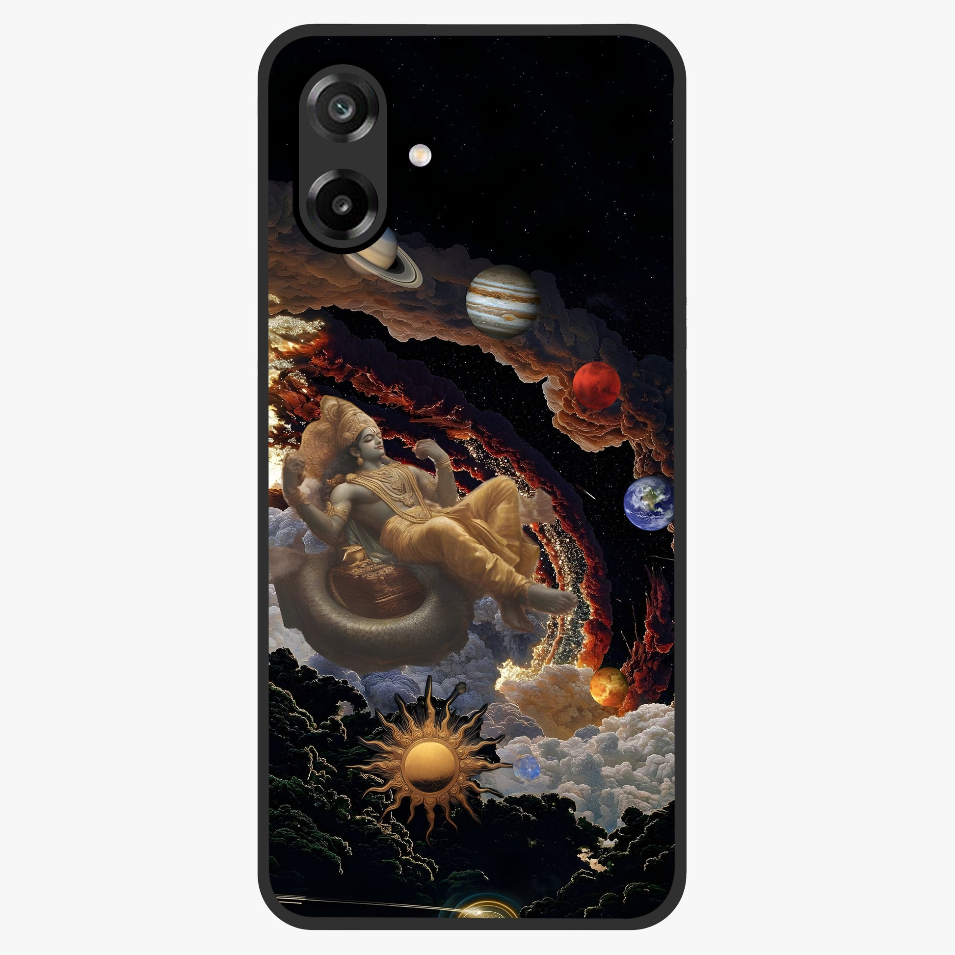 Galactic Divine God Glass Case showing flat back view with divine cosmic themed artwork and glossy glass finish.