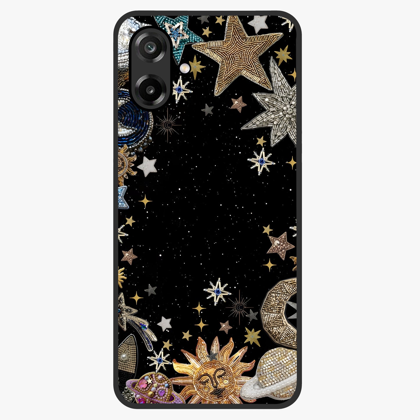 Galactic Jewel Stars Glass Case showing flat back view with sparkling star jewel artwork and glossy glass finish.