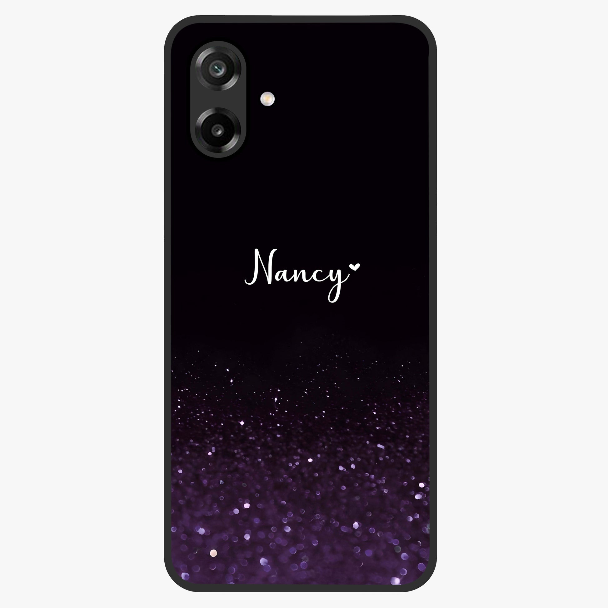 Glittery Purple Bokeh Custom Name Glass Case showing flat back view with purple bokeh sparkle artwork and personalized name design.