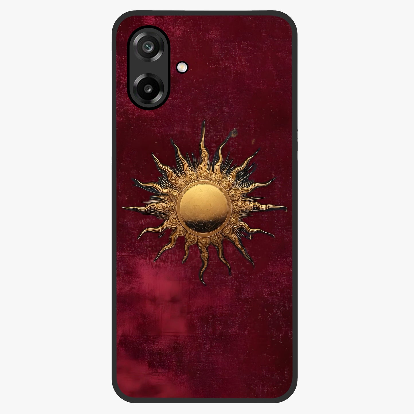 Gold Sun Blush Glass Case showing flat back view with golden sun inspired artwork and glossy glass finish.