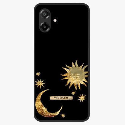 Golden Celestial Charm Glass Case showing flat back view with golden celestial charm artwork and glossy glass finish.