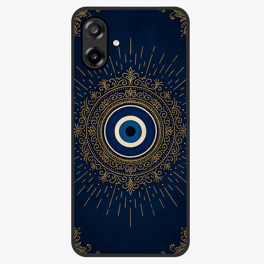 Golden Evil Eye Mandala Glass Case showing flat back view with intricate evil eye mandala artwork and glossy glass finish.
