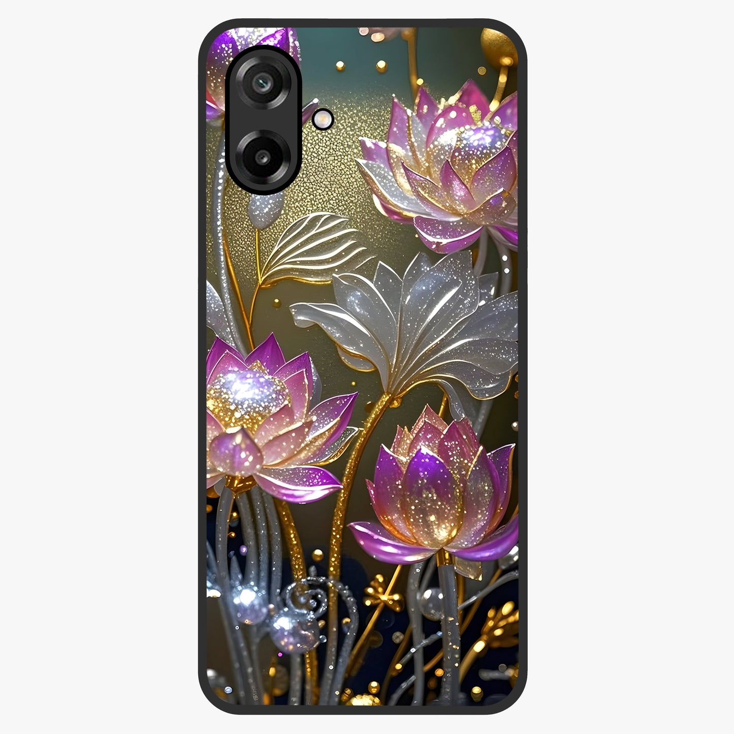 Golden Lotus Glow Glass Case showing flat back view with glowing lotus flower artwork and glossy glass finish.