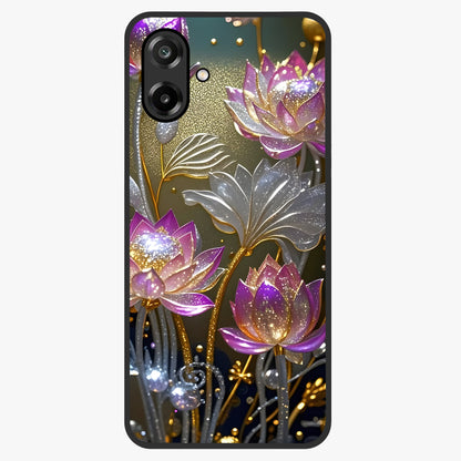 Golden Lotus Glow Glass Case showing flat back view with glowing lotus flower artwork and glossy glass finish.