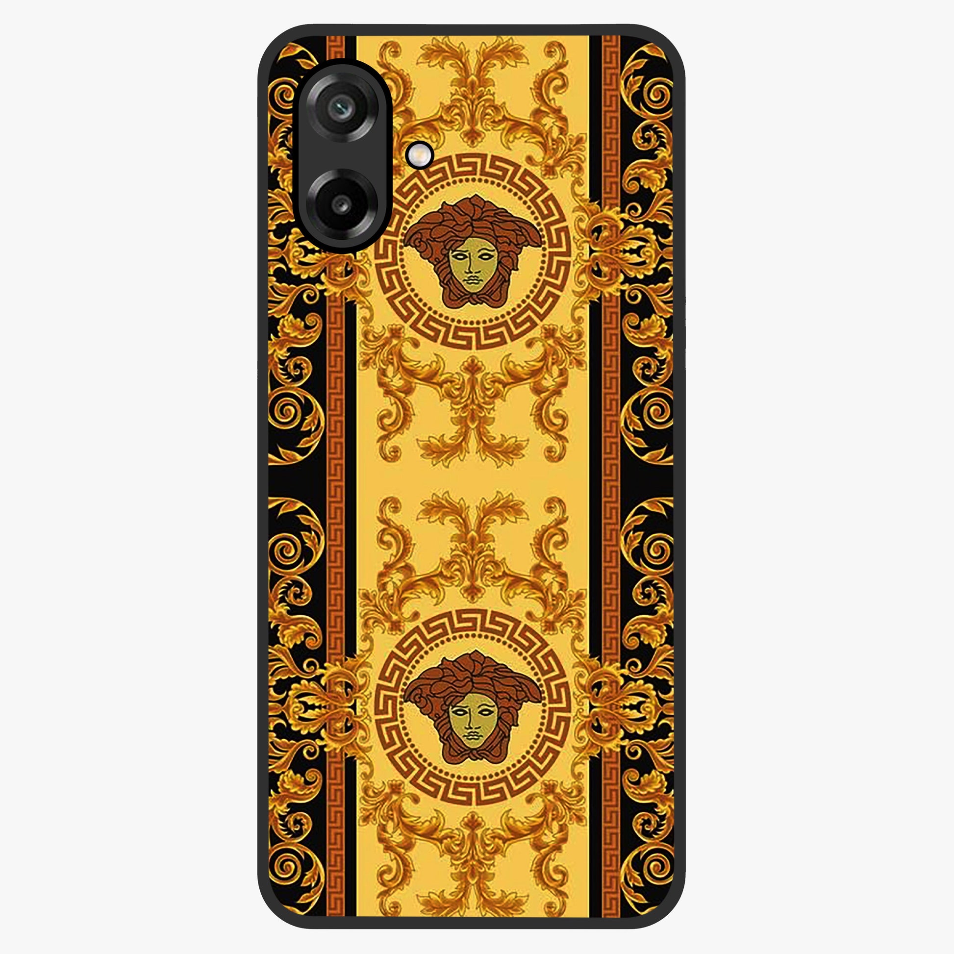 Golden Royal Heritage Glass Case showing flat back view with ornate royal pattern artwork and glossy glass finish.