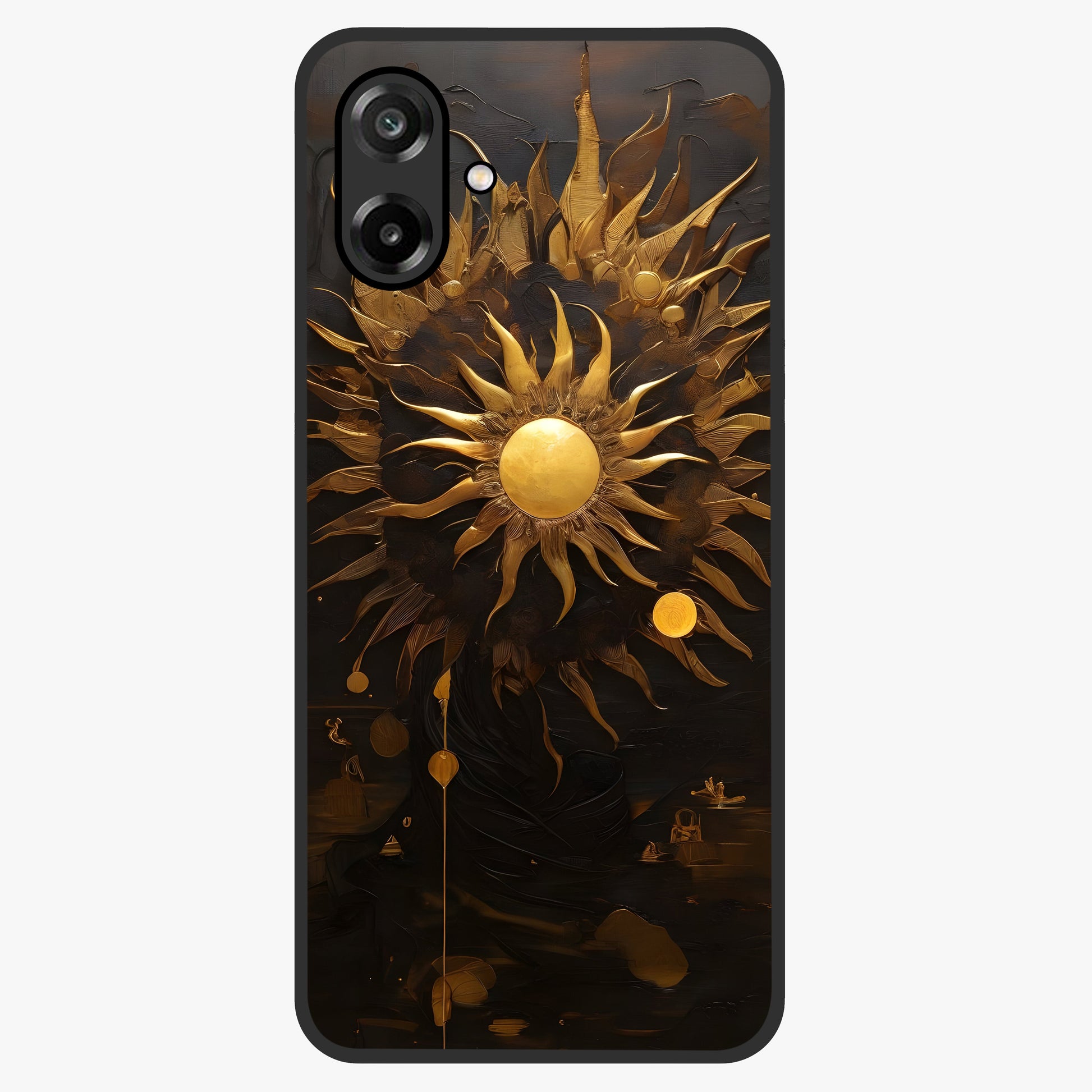 Golden Sun Majesty Glass Case showing flat back view with radiant golden sun artwork and glossy glass finish.