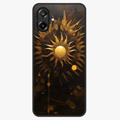 Golden Sun Majesty Glass Case showing flat back view with radiant golden sun artwork and glossy glass finish.