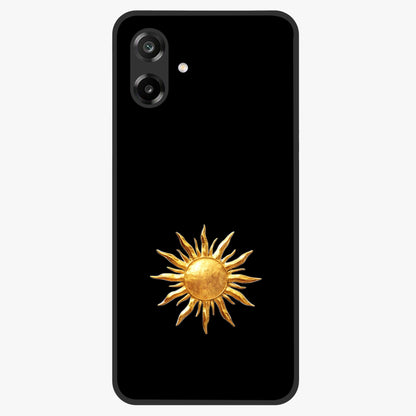 Golden Sun Minimalism Glass Case showing flat back view with minimal golden sun artwork and glossy glass finish.