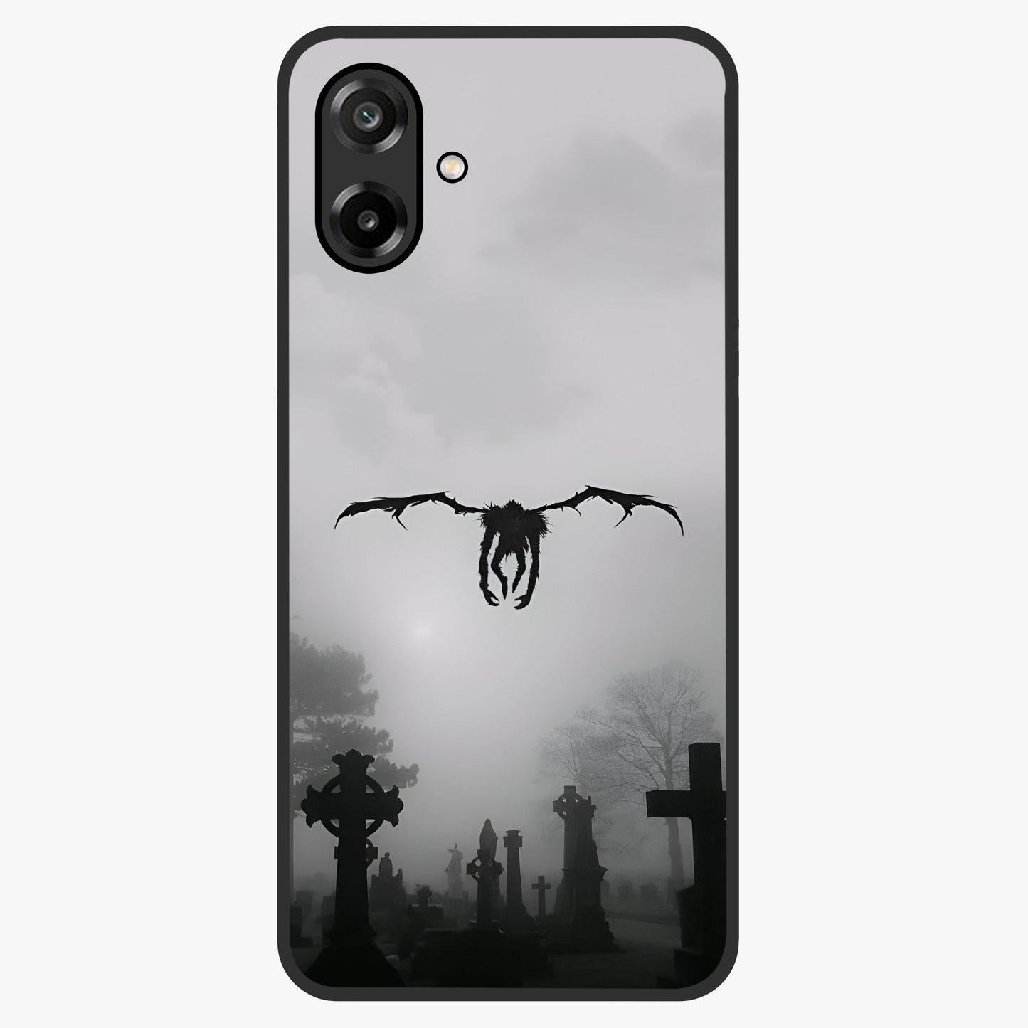 Graveyard Shadow Descent Glass Case showing flat back view with dark graveyard themed artwork and glossy glass finish.