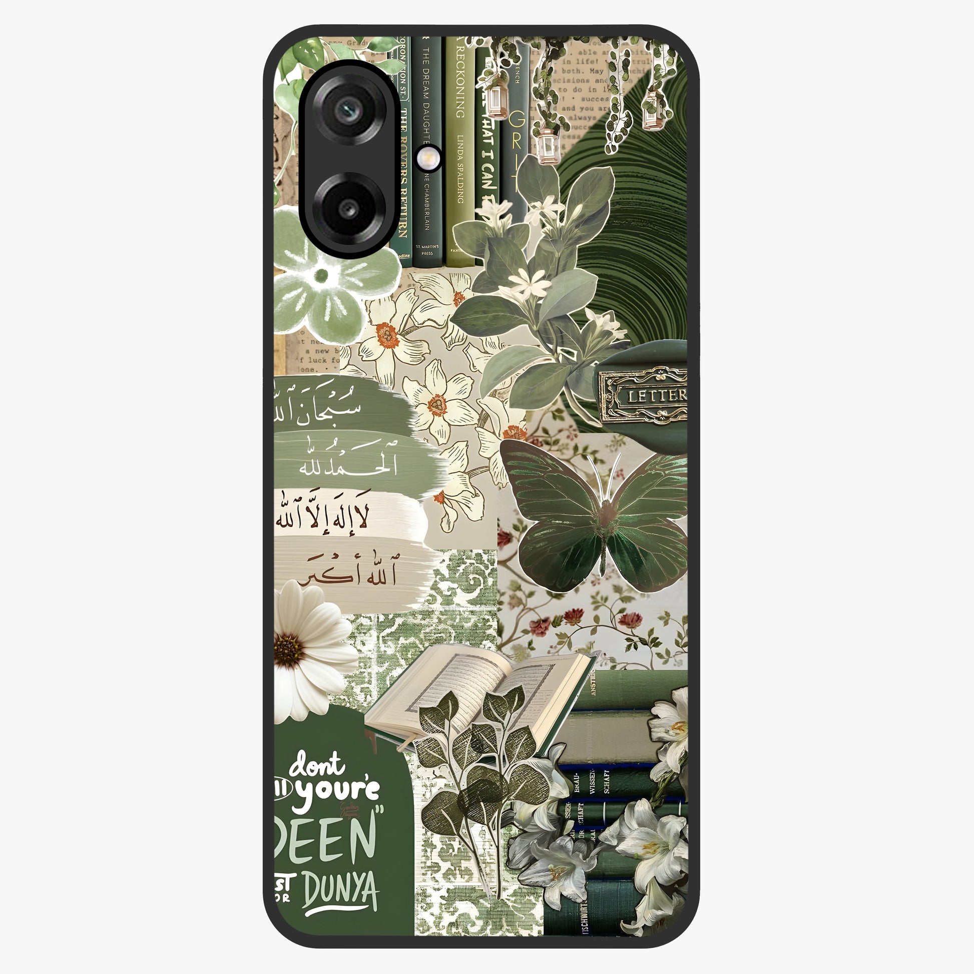 Green Islamic Books Quotes Glass Case showing flat back view with Islamic quotes and book themed artwork and glossy glass finish.