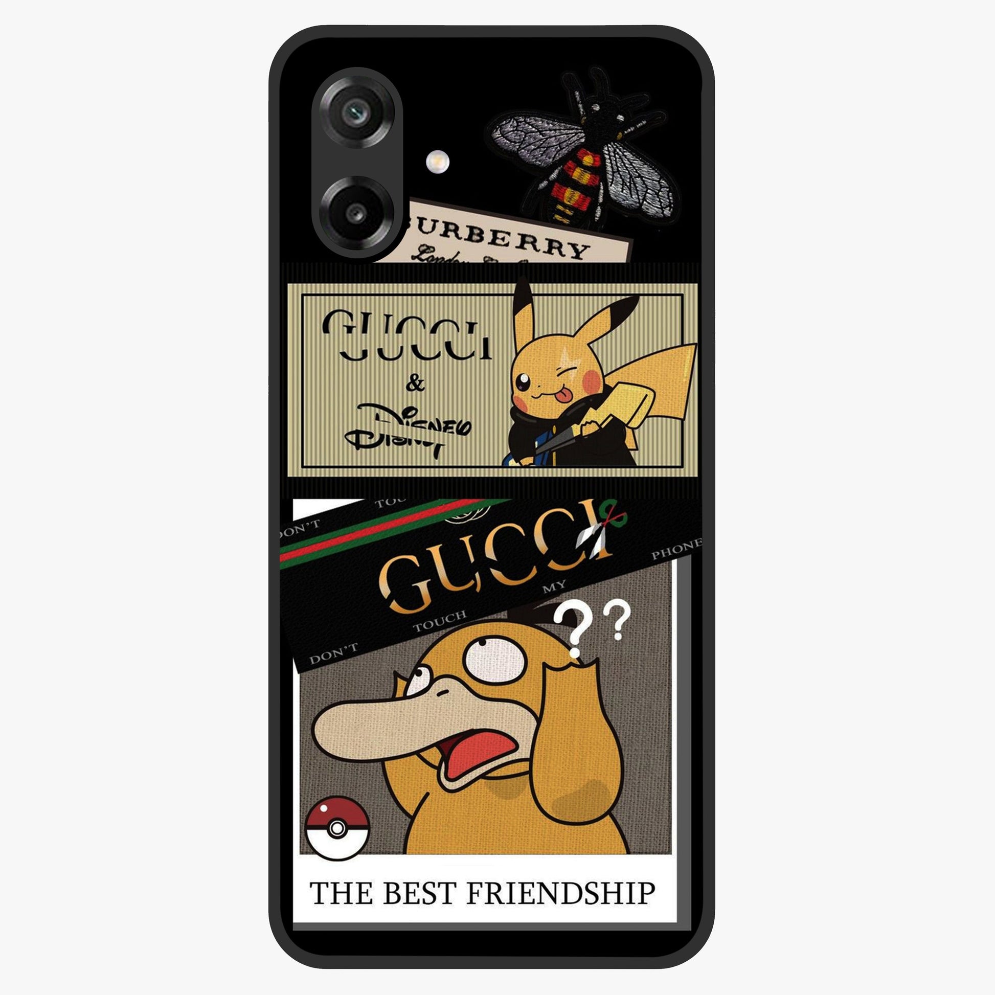 Gucci Play Mashup Glass Case showing flat back view with luxury inspired graphic artwork and glossy glass finish.