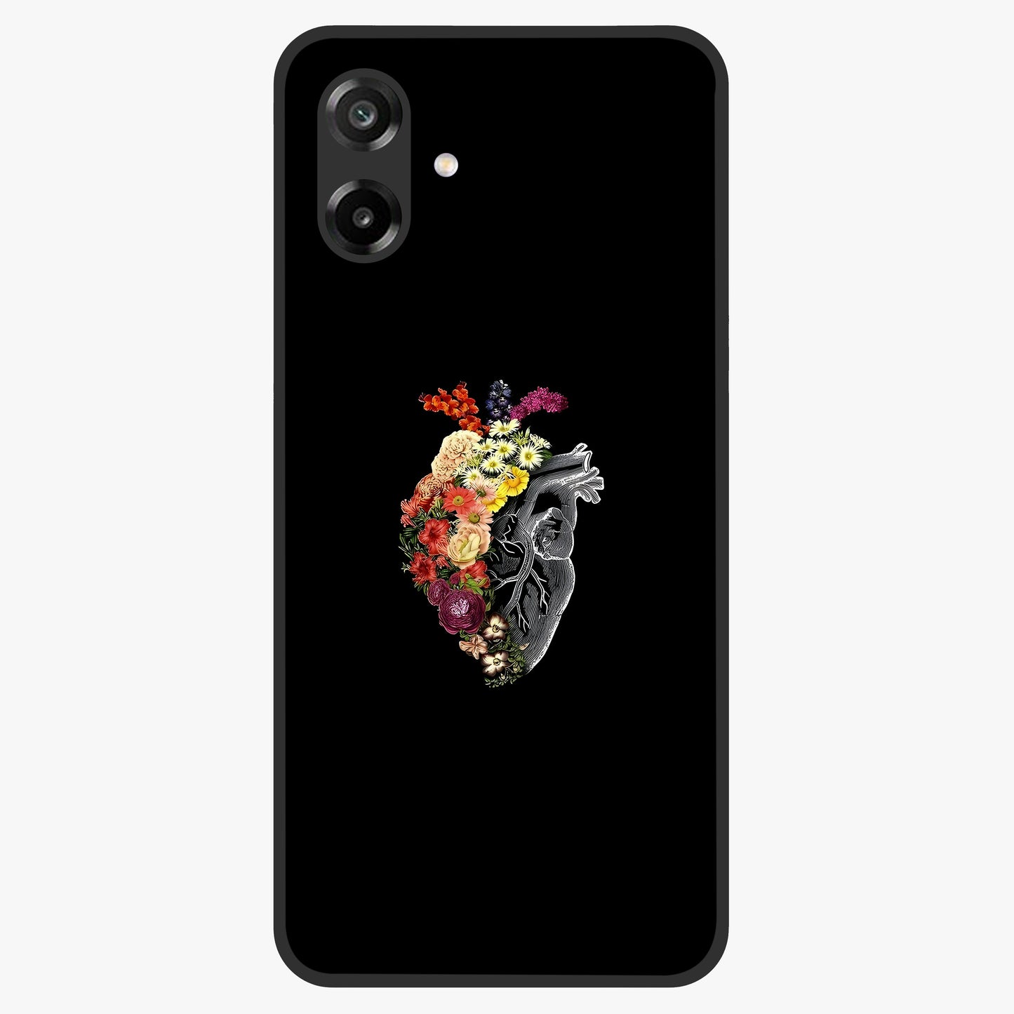 Heart With Flowers Glass Case showing flat back view with heart shaped floral artwork and glossy glass finish.