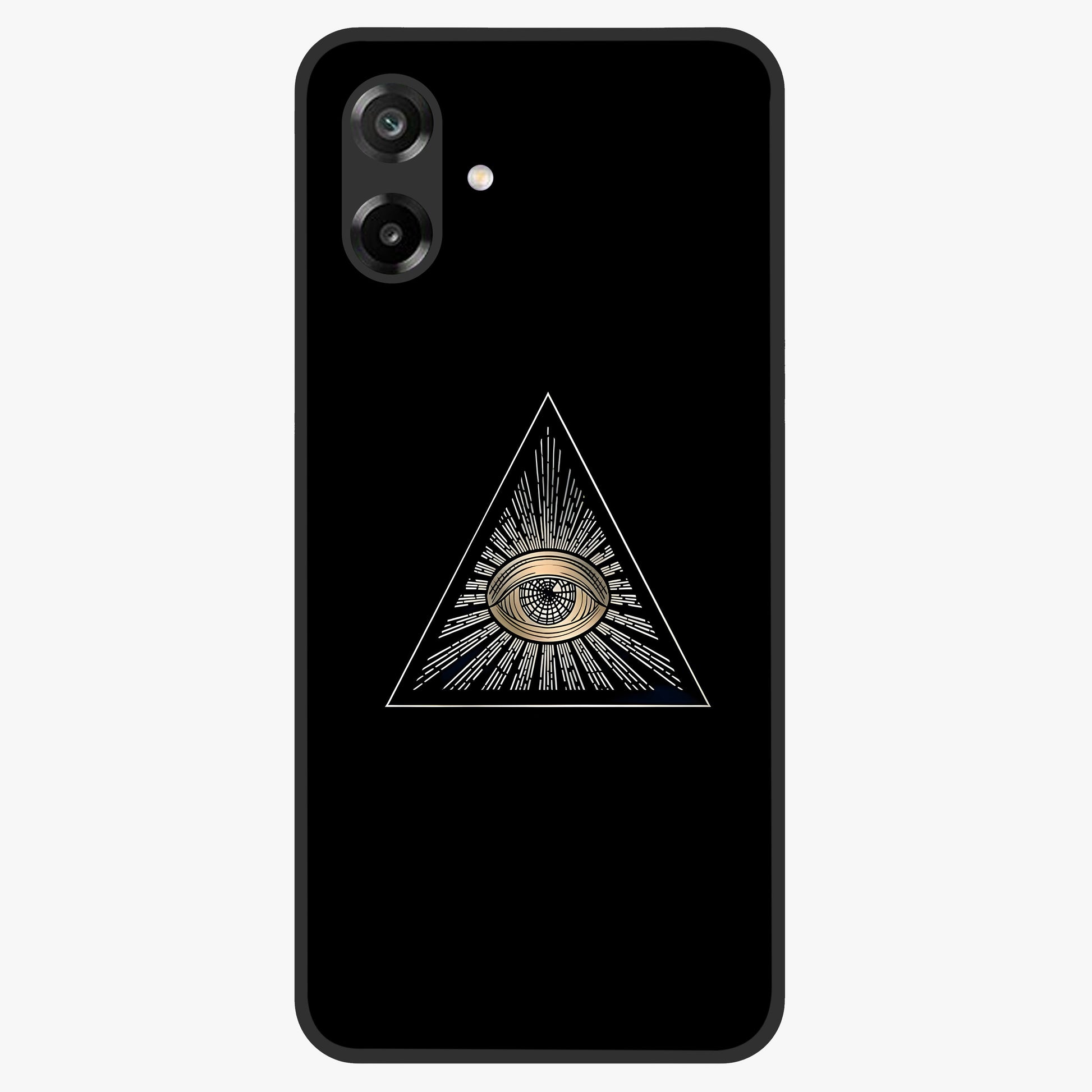 Illuminati Evil Glass Case showing flat back view with mysterious illuminati symbol artwork and glossy glass finish.