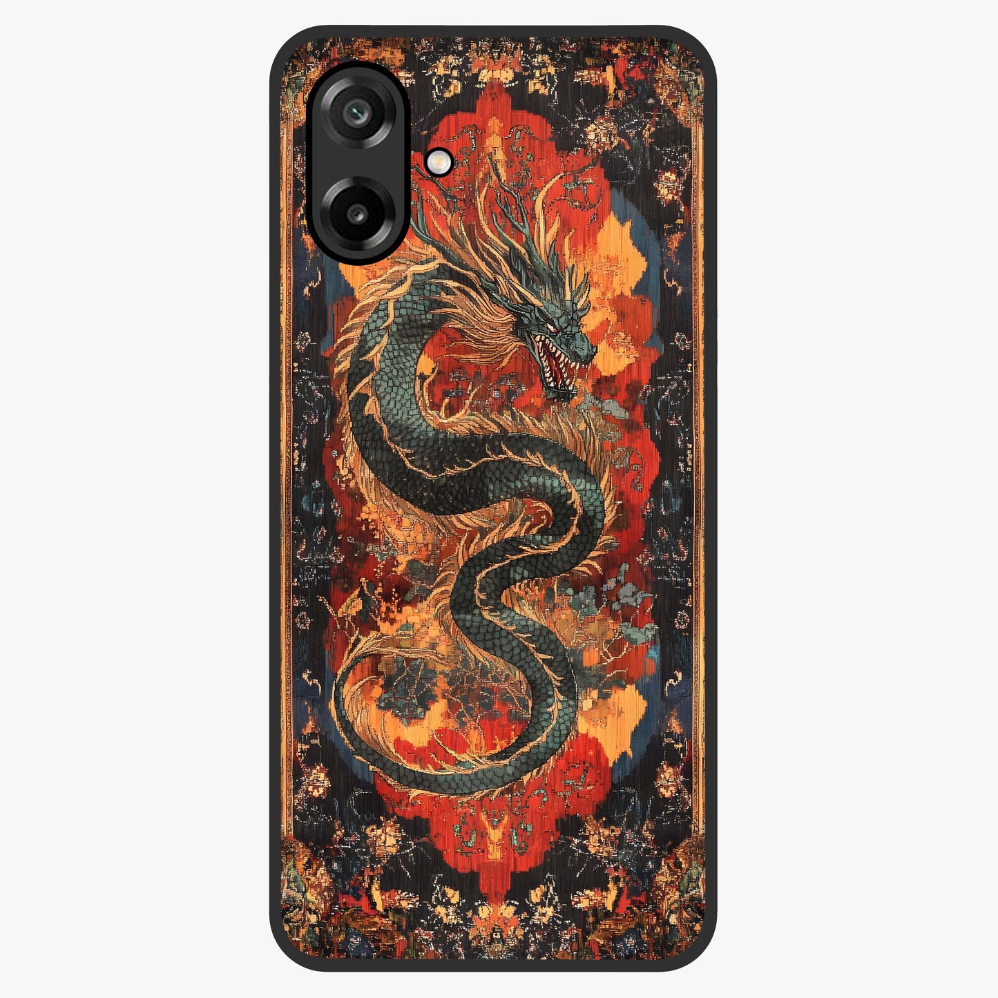 Inferno Dragon Soul Glass Case showing flat back view with fiery dragon artwork and glossy glass finish.