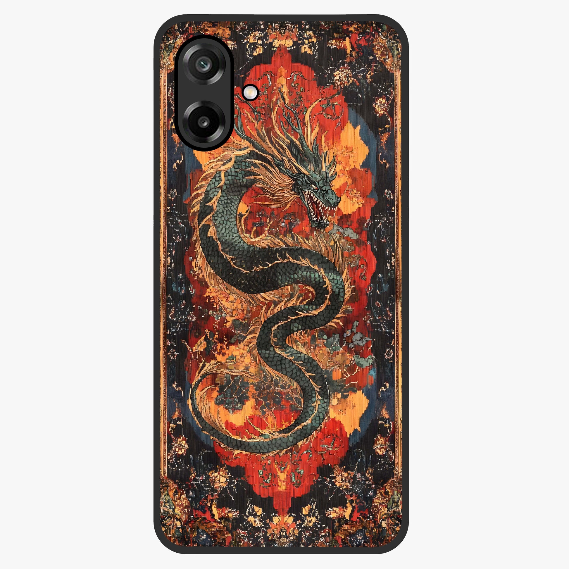 Inferno Dragon Soul Glass Case showing flat back view with fiery dragon artwork and glossy glass finish.