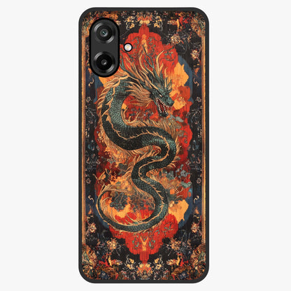 Inferno Dragon Soul Glass Case showing flat back view with fiery dragon artwork and glossy glass finish.