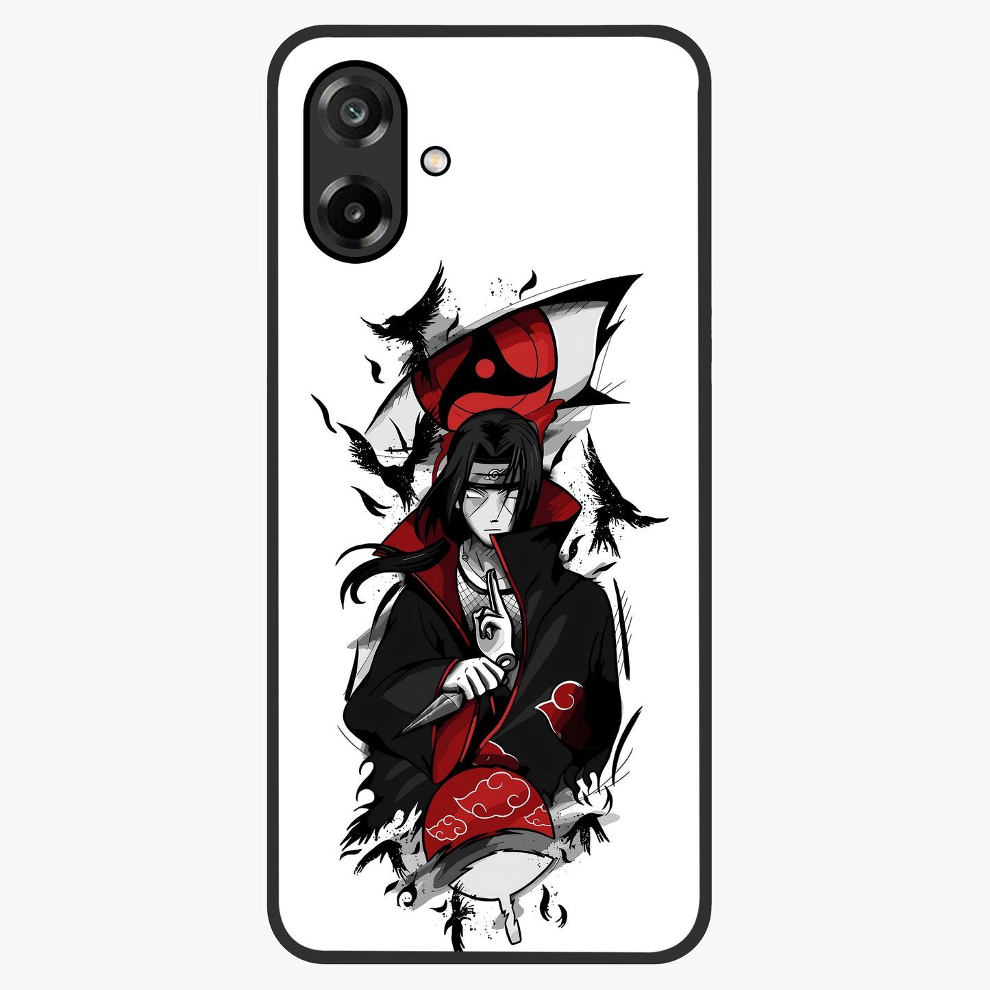 Itachi Sharingan Glass Case showing flat back view with powerful anime eye artwork and glossy glass finish.