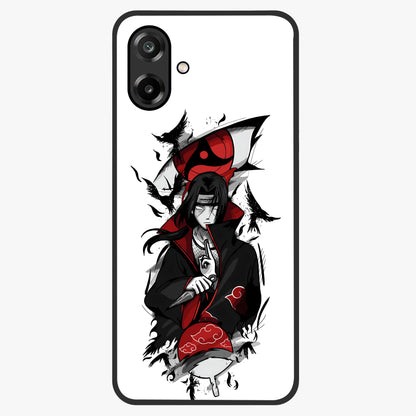 Itachi Sharingan Glass Case showing flat back view with powerful anime eye artwork and glossy glass finish.