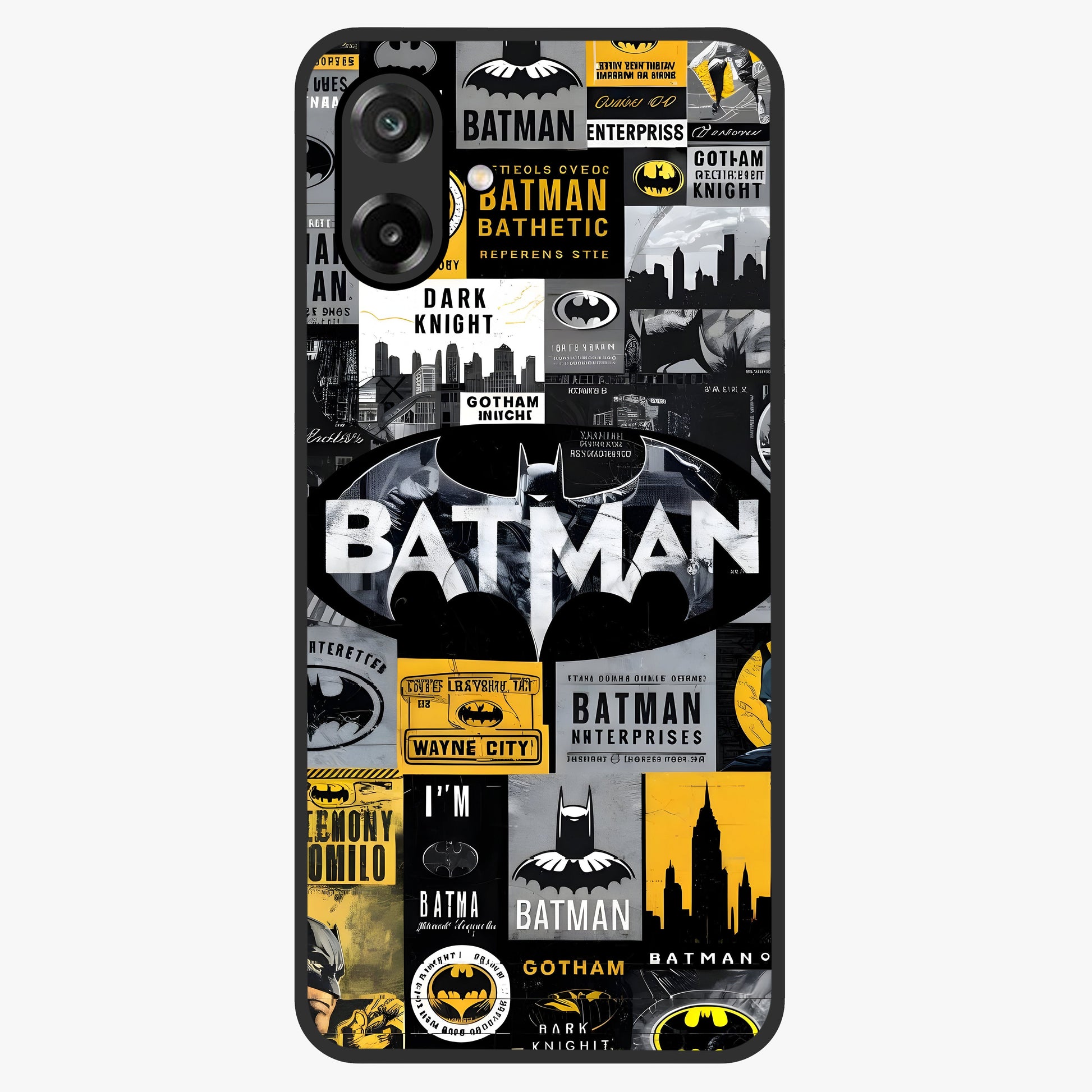 Knight Gotham Rise Glass Case showing flat back view with dark hero inspired artwork and glossy glass finish.