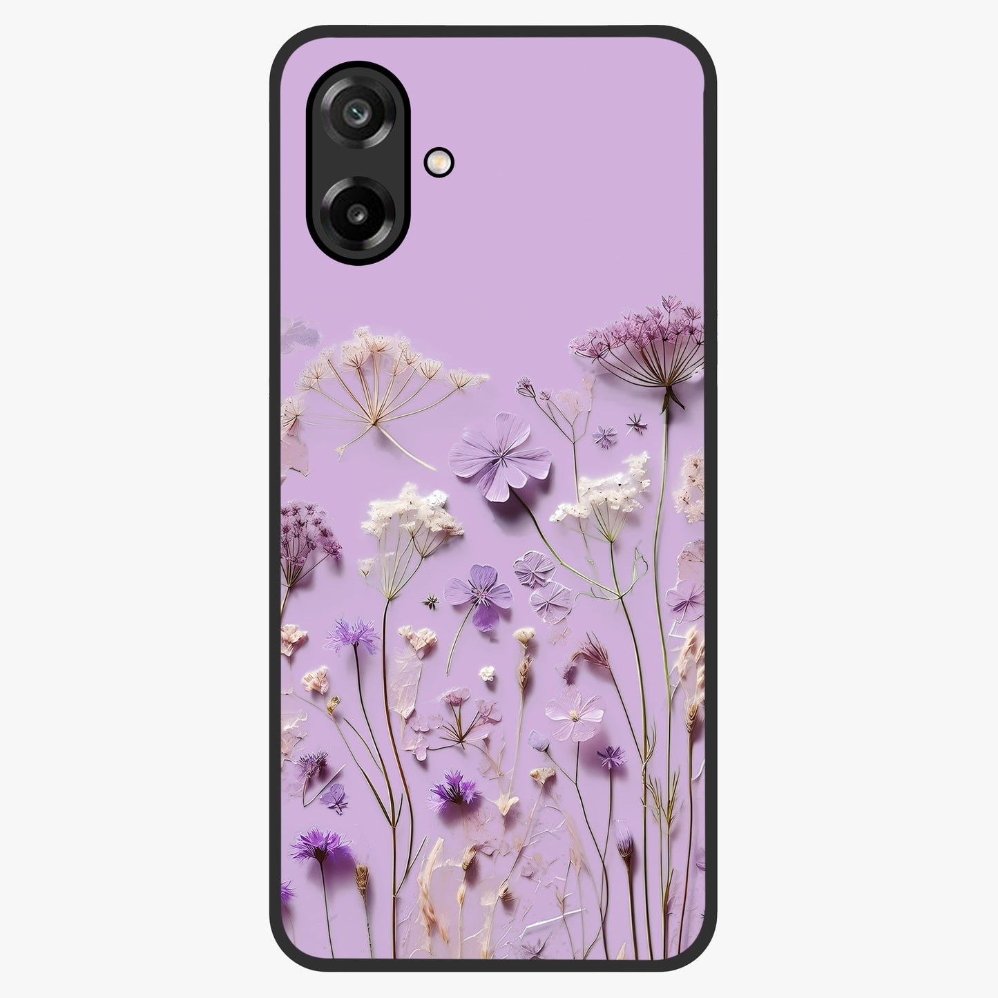 Lavender Blossom Dream Glass Case showing flat back view with soft lavender floral artwork and glossy glass finish.