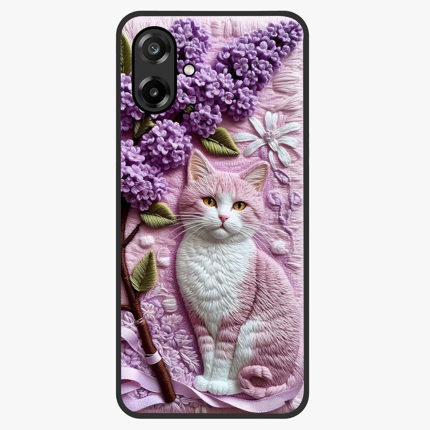 Lavender Cat Whimsy Glass Case showing flat back view with cute lavender cat artwork and glossy glass finish.