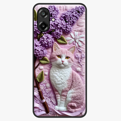 Lavender Cat Whimsy Glass Case showing flat back view with cute lavender cat artwork and glossy glass finish.