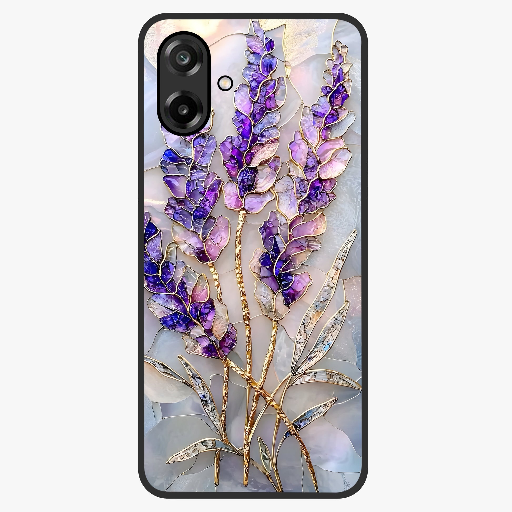 Lavender Dream Glow Glass Case showing flat back view with glowing lavender aesthetic artwork and glossy glass finish.