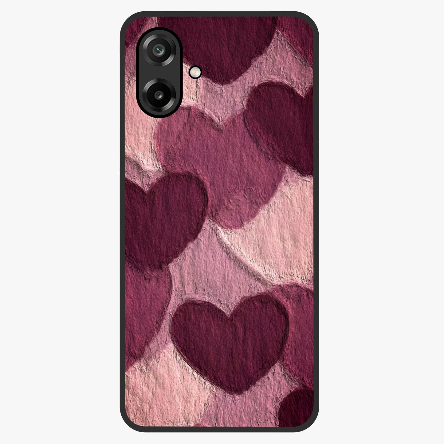 Layered Paper Hearts Glass Case showing flat back view with layered paper heart artwork and glossy glass finish.