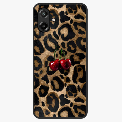 Leopard Wild Cherry Glass Case showing flat back view with leopard pattern and cherry artwork and glossy glass finish.