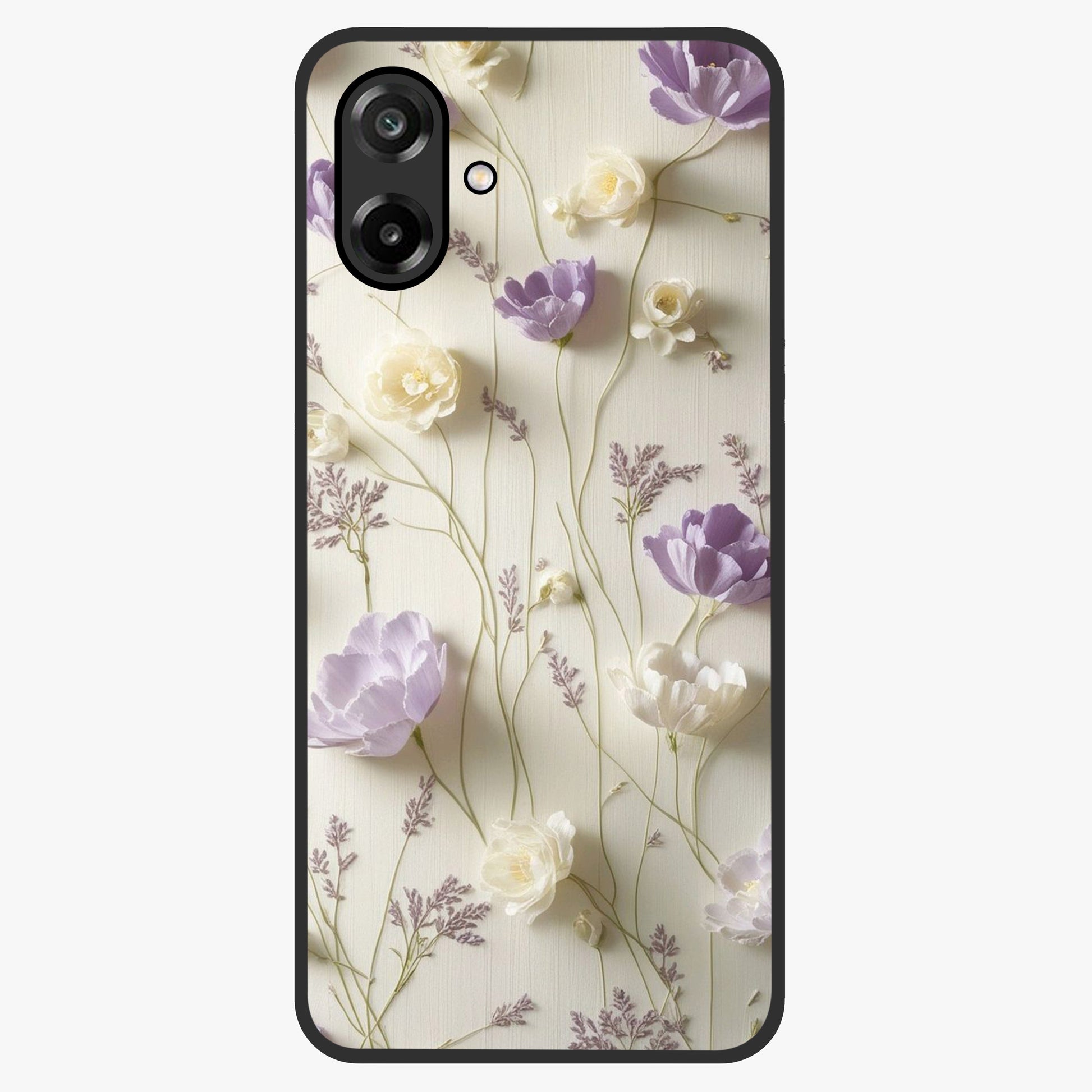Lilac Breeze Harmony Glass Case showing flat back view with soft lilac themed artwork and glossy glass finish.